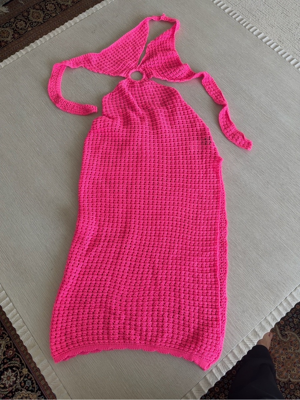 Hot Pink Crochet Halter Cover-Up Dress | Knit Beach Dress
